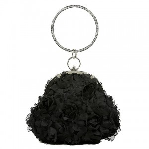 Evening Bag - 12 PCS - Chiffon Rosettes w/ Rhinestone Ring Wristlet - Black - BG-100187B